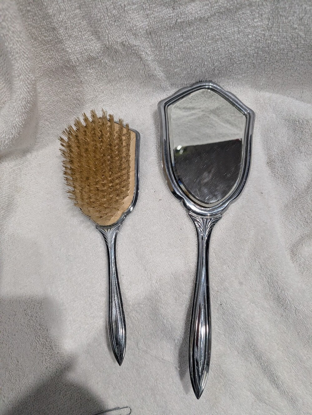 Classic Silver Hand Mirror and Bristle Brush Set - Silver